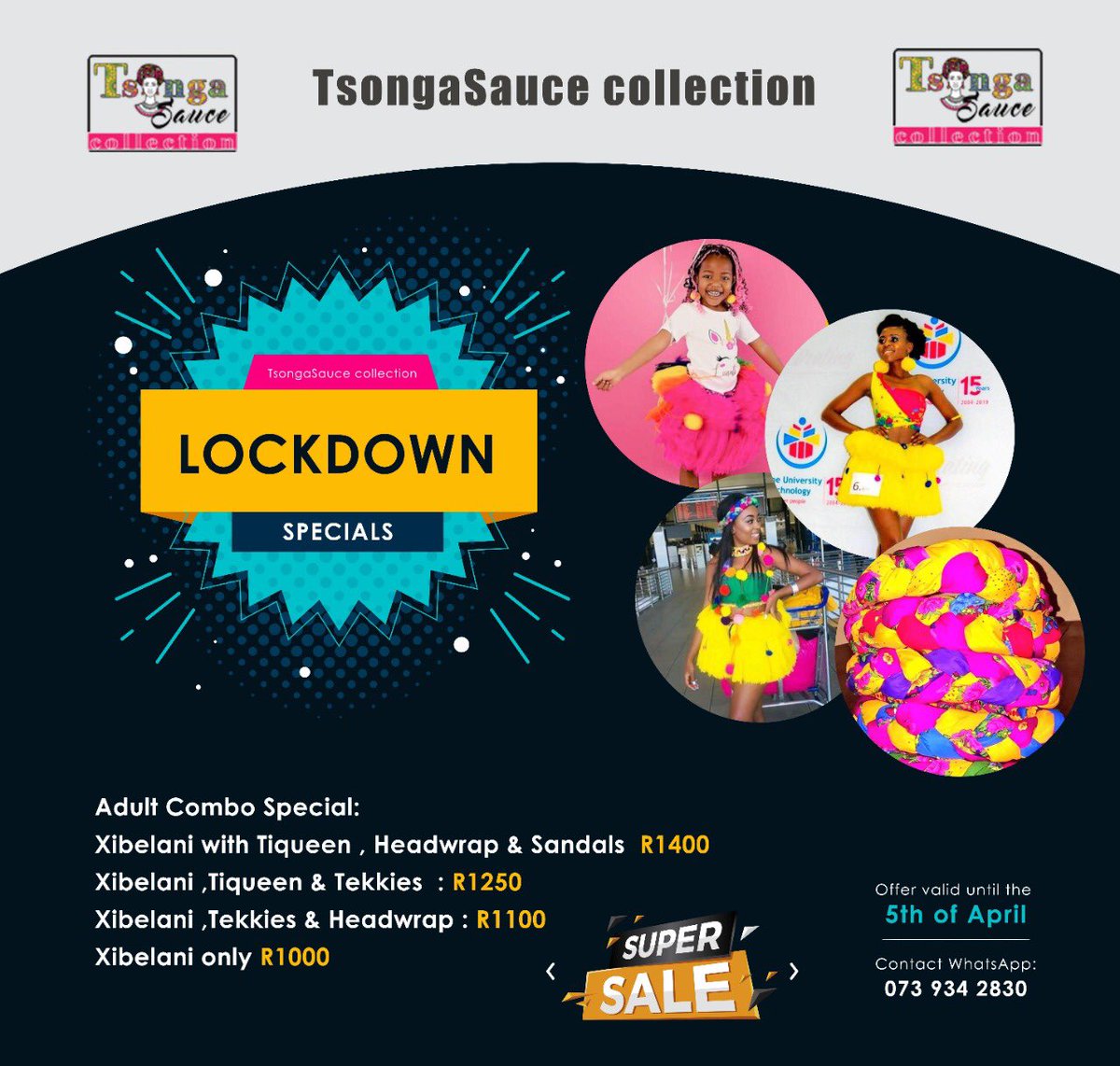 SPECIAL OFFER 2 (Adult Combo)

#TsongasauceLockdown Special Kiddies Combo

Up to 50%  Off on selected Items ❤️❤️

Offer Valid until 5th April

WhatsApp: 073 934 2830
#supportsmallbusiness #LockdownSA #day7oflockdown