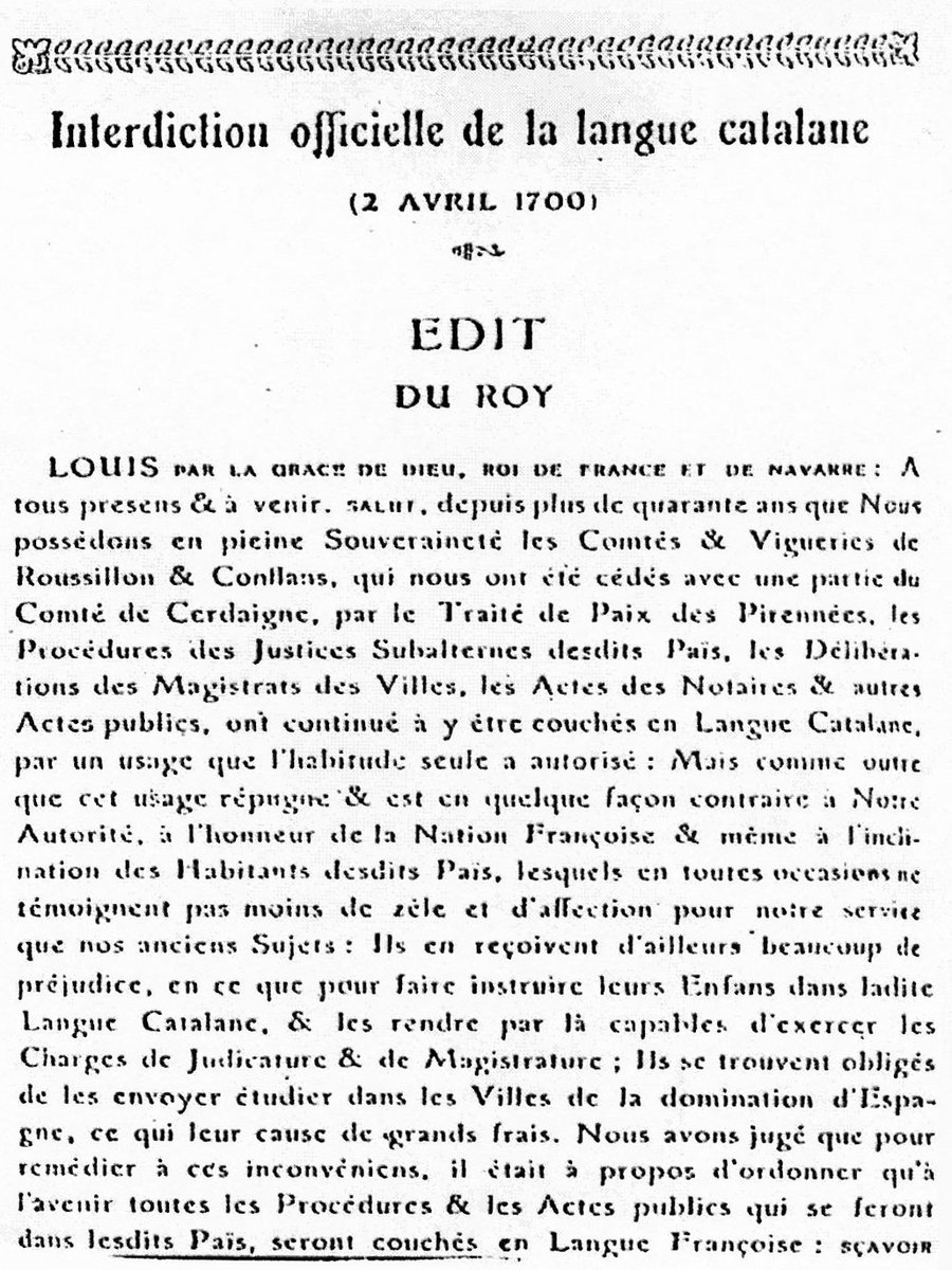 aleixrenye's tweet photo. Un dia com avui de l'any 1700 el rei de França prohibia la llengua catalana que "li repugnava" i era "contrari a l'honor de la nació francesa". Un edicte que França, ni amb la república, mai ha revocat. https://t.co/HsVnaT84pU