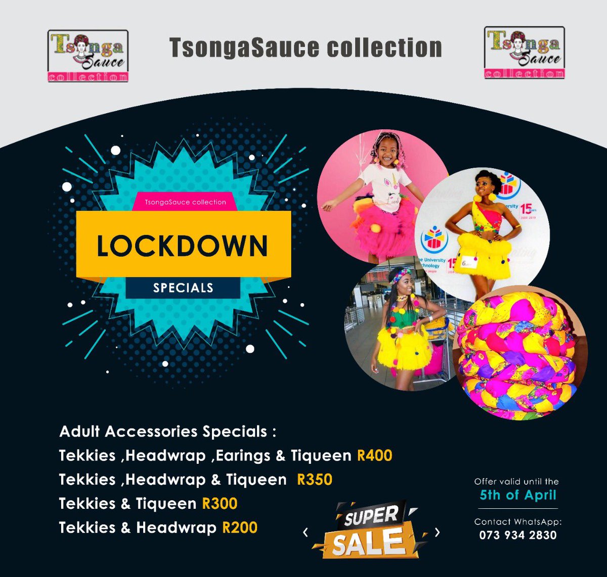SPECIAL OFFER 1 (Kiddies Combo)

#TsongasauceLockdown Special Kiddies Combo

Up to 50%  Off on selected Items ❤️❤️

Offer Valid until 5th April

WhatsApp: 073 934 2830

#supportsmallbusiness #day7oflockdown #LockdownSA
