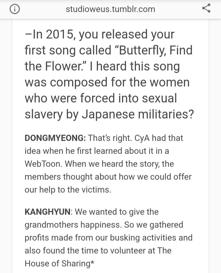 In short, they're kind-hearted, passionate about music and extremely talented! Let's elaborate on that~They performed for children with developmental disabilities + with their busking, debut song proceeds and volunteer work, they supported "comfort women" victims (위안부).