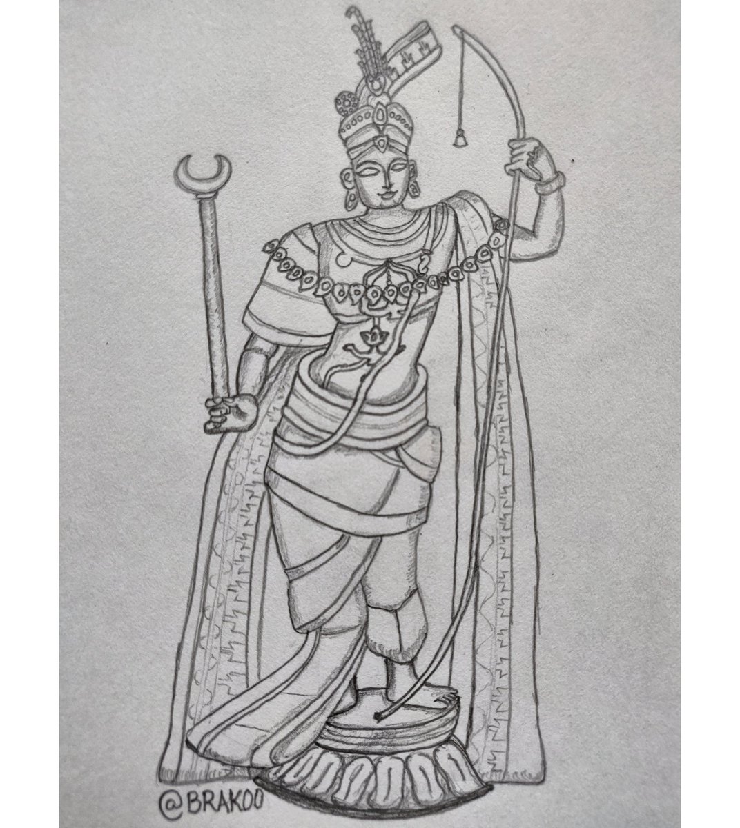 रमन्ते सर्वे जनाः गुणैः अस्मिन् इति रामः।"In whom everyone takes delight for his virtuousness, thus he is Rāma."In nāmasankīrtanas, the lord is generally introduced so.Today's sketch is a version of Utsavamūrtī of Kōdaṇḍa Rāma. #RamaNavami