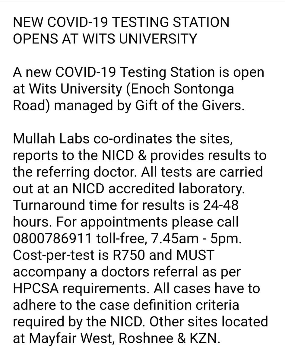 WitsUniversity's tweet photo. 🏥🆕A New #COVID_19 Testing Station is open @WitsUniversity (Enoch Sontonga Road) managed by @GiftoftheGivers. All tests are carried out at an @nicd_sa accredited laboratory. For appointments call 0800786911 toll-free,7.45am - 5pm. Find out where &amp; how you can get tested below ⬇️ https://t.co/IIwGbLRqaN