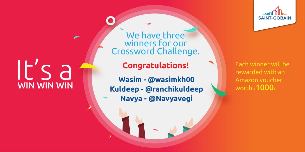 saint_gobain_in's tweet photo. The results are out for the #CrosswordChallenge and guess what, we have 3 winners taking home an #AmazonVoucher worth Rs.1000. To all the others who took part in this, don’t lose hope, we have more contests coming up with interesting challenges.
#SGChallenge #SGContest #Crossword https://t.co/sEGoQGt4a5