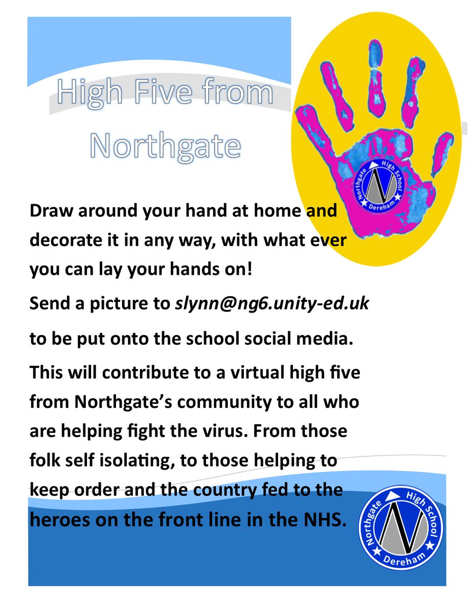 NgateDereham's tweet photo. Give our Heroes a High 5 from Northgate! We're launching an art project for all pupils that involves you creating a hand image. It will be part of a virtual high 5 to all including those who are having to self isolate and on the front line #NorthgateHandsOfHope #NorthgateTogether https://t.co/FVj3m4R2g5