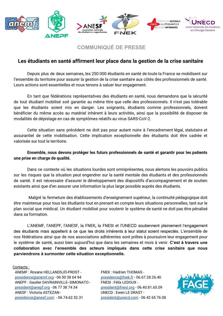 La_FNEK's tweet photo. [Communiqué de presse]

@La_FNEK s'unit avec les autres fédérations de santé pour remercier l'ensemble des étudiants mobilisés.

Cependant, la gravité de la situation ne doit pas occulter la nécessité de préserver leur santé physique et mentale.

#MerciAVous
#TousMobilisés https://t.co/kqzHKx1skl