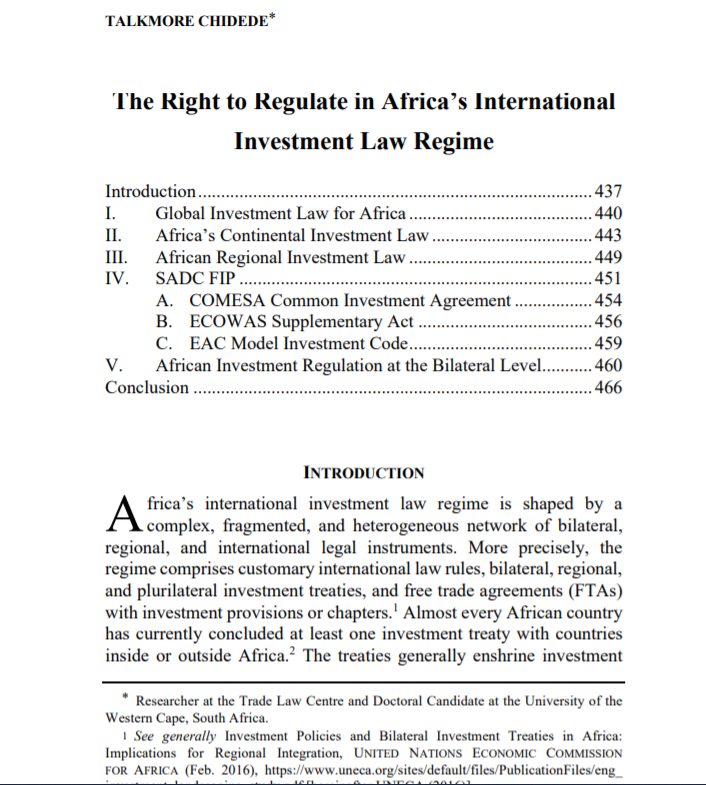 Dr Talkmore Chidede My Article Tracing The Right To Regulate In Africa S International Investment Legal Regime Published By The Oregon Review Of International Law A Piece Extracted From My Lld