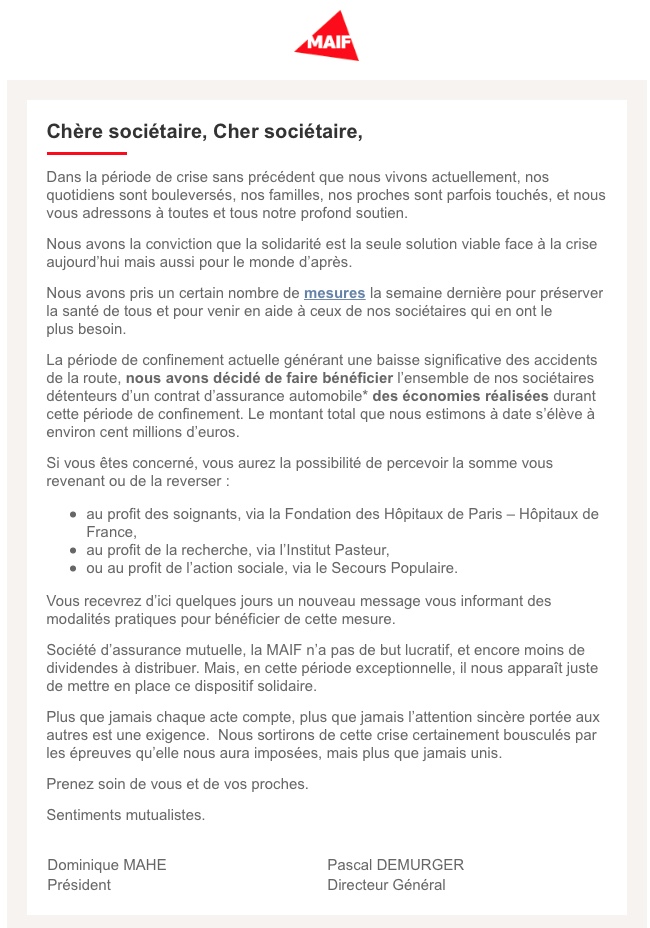Ewbank Pujol Lab On Twitter Many Economic Bases In France Non Profit E G Https T Co Dsv4jsznqa Like Maif Insures 3 Million Drivers Estimates Covid Confinement Cut Claims By 100 M Euros So Will Give Rebates