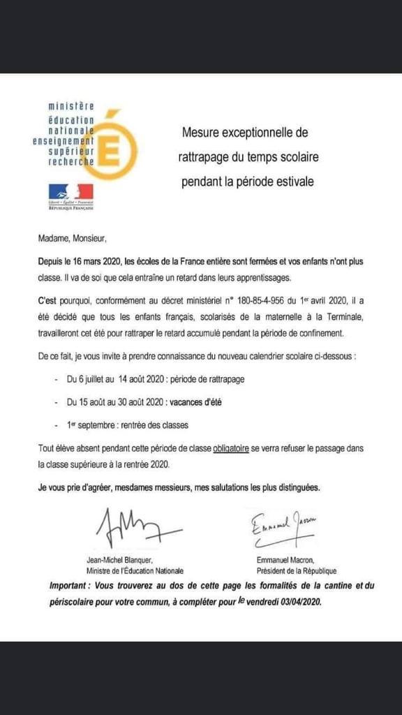 Cette lettre de <a href="/jmblanquer/">Jean-Michel Blanquer</a> qui annonce que les enfants vont devoir faire du rattrapage cet été et n'auront quasiment pas de vacances circule sur Whatsapp. C'est un FAUX grossier. Le ministre va toutefois faire des annonces à ce sujet ce soir nous dit le ministère. #VraiouFake