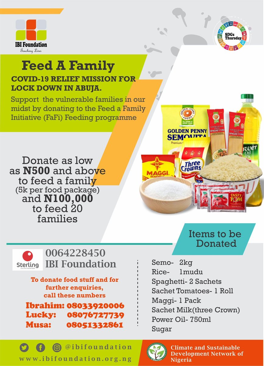 TechyGerald's tweet photo. @FoundationIbi @sdgsthursday stakeholders and volunteers have started a project called Feed a Family Initiative (fafi) the aim of the project is to reach out to the poor and vulnerable people during the Lock down. See E-flyer for details #fafi #iamV4D @HamzyCODE @VSONigeria https://t.co/1pjNcvEUBd