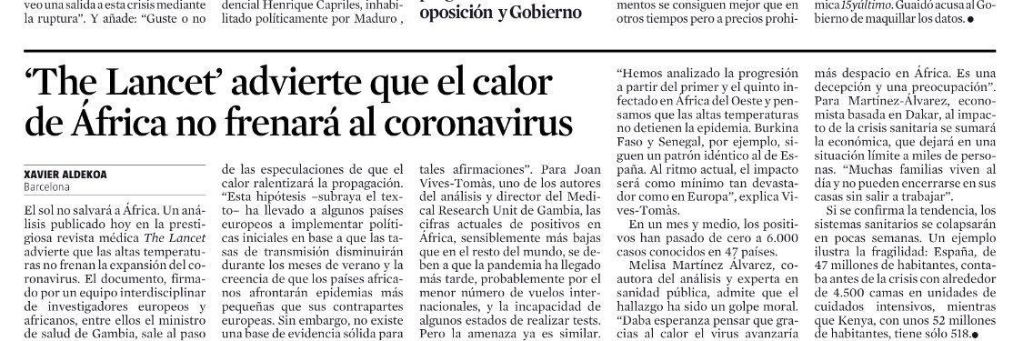Esto son muy malas noticias para África.
Un equipo de investigadores europeos y africanos advierte que las altas temperaturas africanas NO están frenando la propagación del coronavirus. Si sigue el ritmo actual, dicen, habrá “consecuencias devastadoras”

lavanguardia.com/internacional/…