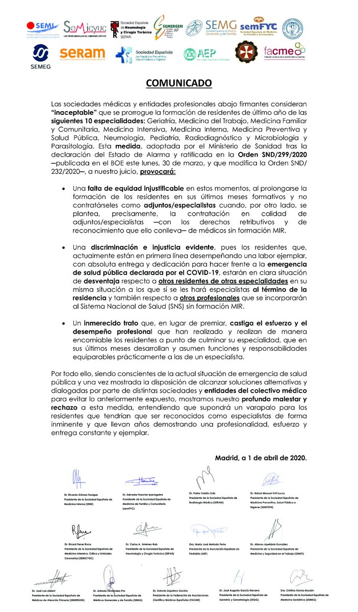 semicyuc's tweet photo. La #SEMICYUC junto con otras 12 sociedades médico-científicas y @facme_es, rechazan en un comunicado conjunto la medida de prorrogar la formación a residentes de último año de diferentes especialidades, entre ellas #MedicinaIntensiva 
#YoSiSoyEspecialista https://t.co/YxWUpjwEVC