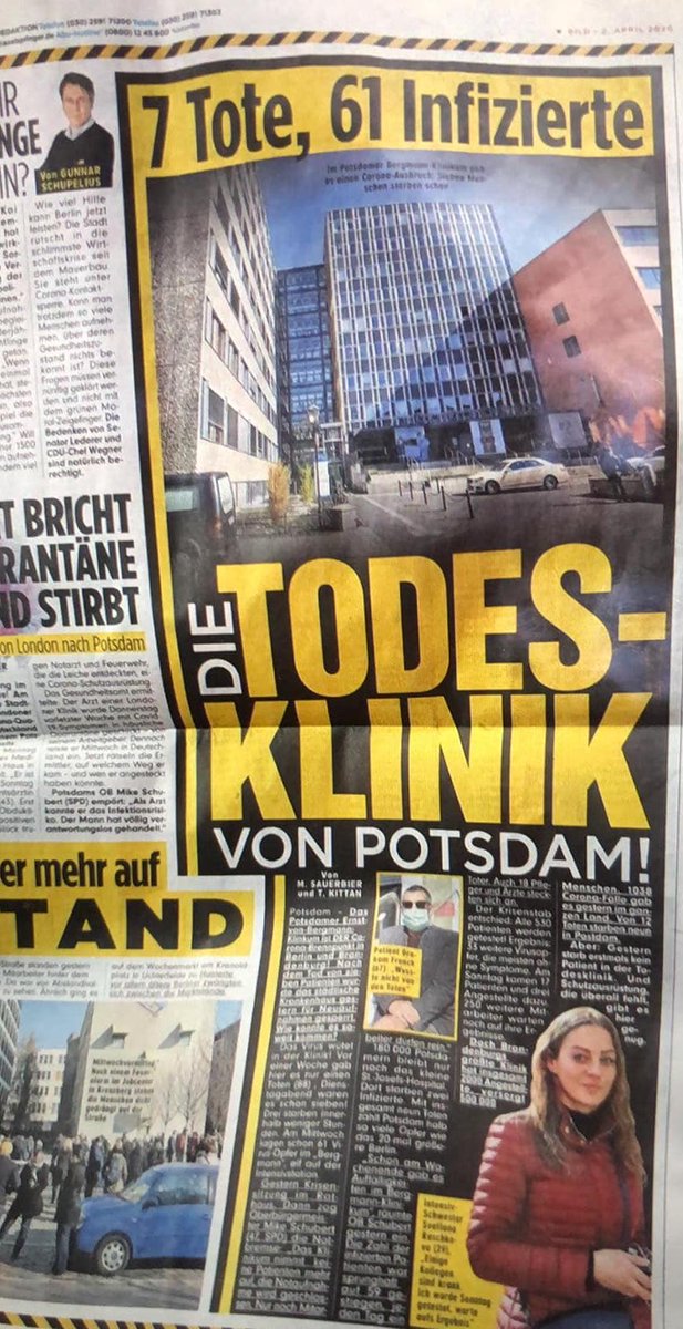Presse- und Meinungsfreiheit hin oder her: In Zeiten wie diesen ist mehr Fingerspitzengefühl gefragt! Wie fühlen sich die Mitarbeitenden? Die Angehörigen der Betroffenen? Übrigens: Den Tod bringt keine Klinik, sondern das Virus. <a href="/BILD/">BILD</a> <a href="/BMG_Bund/">Bundesgesundheitsministerium</a> <a href="/Mike_Schubert/">Mike Schubert</a> #COVIDー19 #Potsdam
