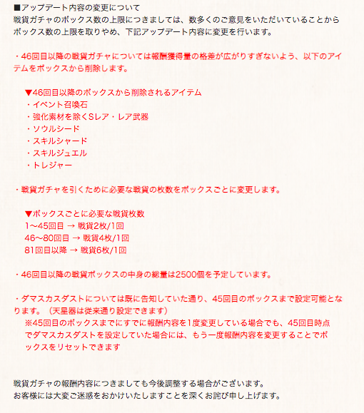 グラブル攻略 Gamewith これグラ4月号の古戦場戦貨ガチャ上限に関して アップデート内容変更が発表 戦貨ガチャ上限設定が取りやめ 変更後は46箱目以降の戦貨ガチャから一部アイテム削除 戦貨ガチャ1回辺りの戦貨数を46箱目以降引き上げ 46箱目