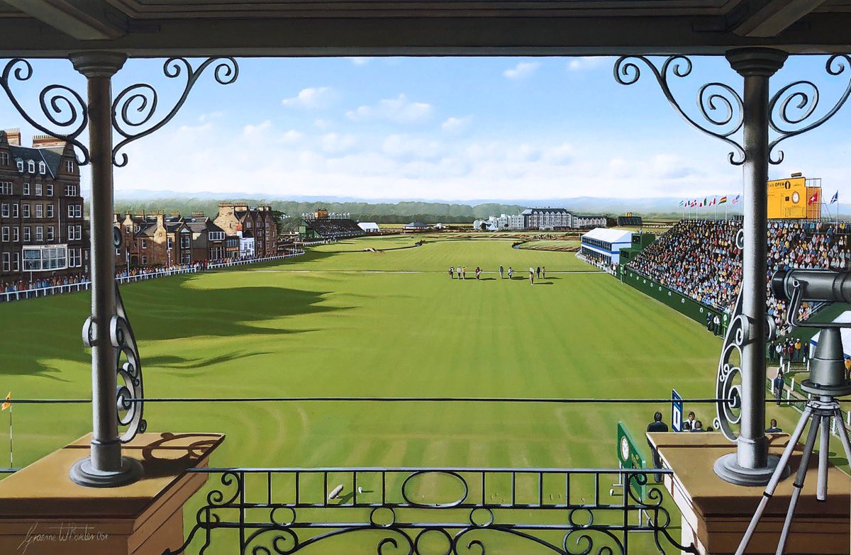 GraemeBaxterArt's tweet photo. Specially commissioned by Rolex to commemorate the Open Championship 2005. Never seen on social media before, a view from the Secretary’s office in the Royal &amp; Ancient Clubhouse, St Andrews @TheHomeofGolf #golf #golfer #golfing #ThursdayMotivation https://t.co/Q5lR3aLp9C