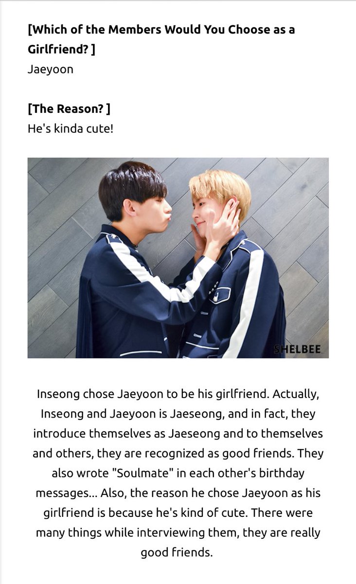 Inseong: *chose jaeyoon to be his girlfriend*Jaeyoon: "if inseong works out, i can even marry him"