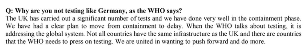 4 - To distract from this problem - i.e. govt policy failing on its own terms - the government responded to questions about lack of testing, including for NHS workers, with answers about why Britain doesn't need test-and-trace. e.g. (h/t  @alexwickham)