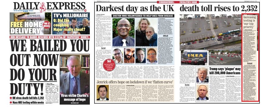 While others say "look over here". The Express attack on the banks is a legitimate angle, but the testing shambles is reduced to a single on the second of four inside  #covid19 spreads. A 2nd leader is uncensorious, saying simply that the Govt needs to "get on top of the problem".