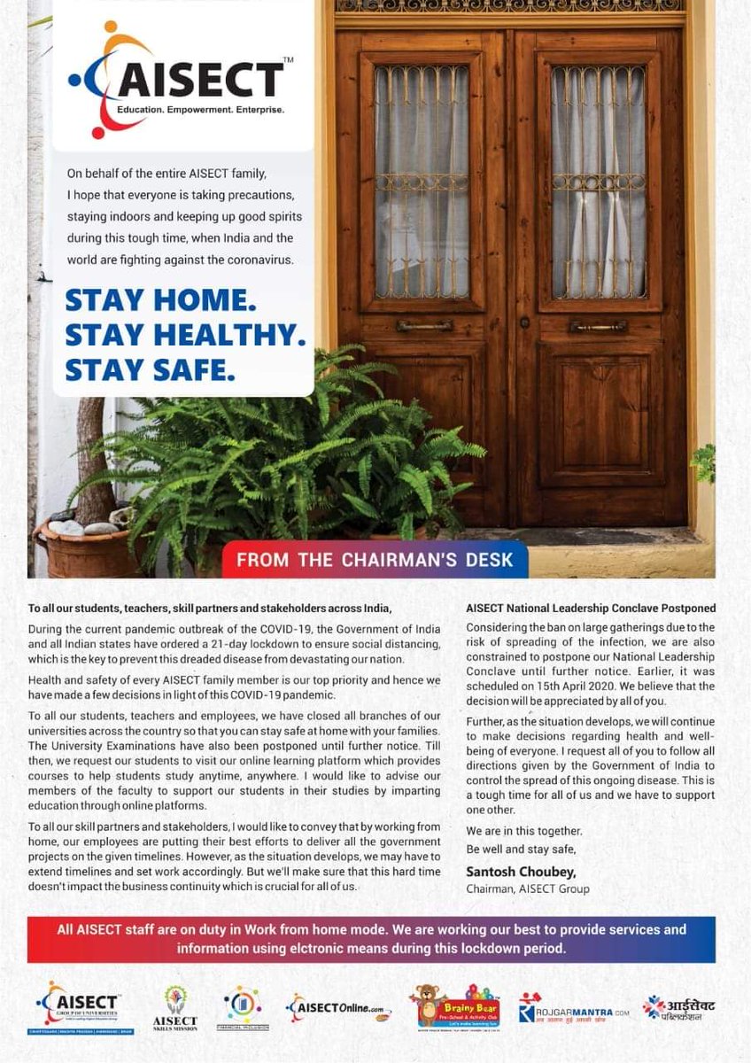 Santosh_Aisect's tweet photo. An humble message addressing all the students, teachers, skill partners and stakeholders across India.
#AISECTGroup #India #COVID19 #Coronavirus #StayHome #StayHealthy #StaySafe https://t.co/aoBPAy5sNX