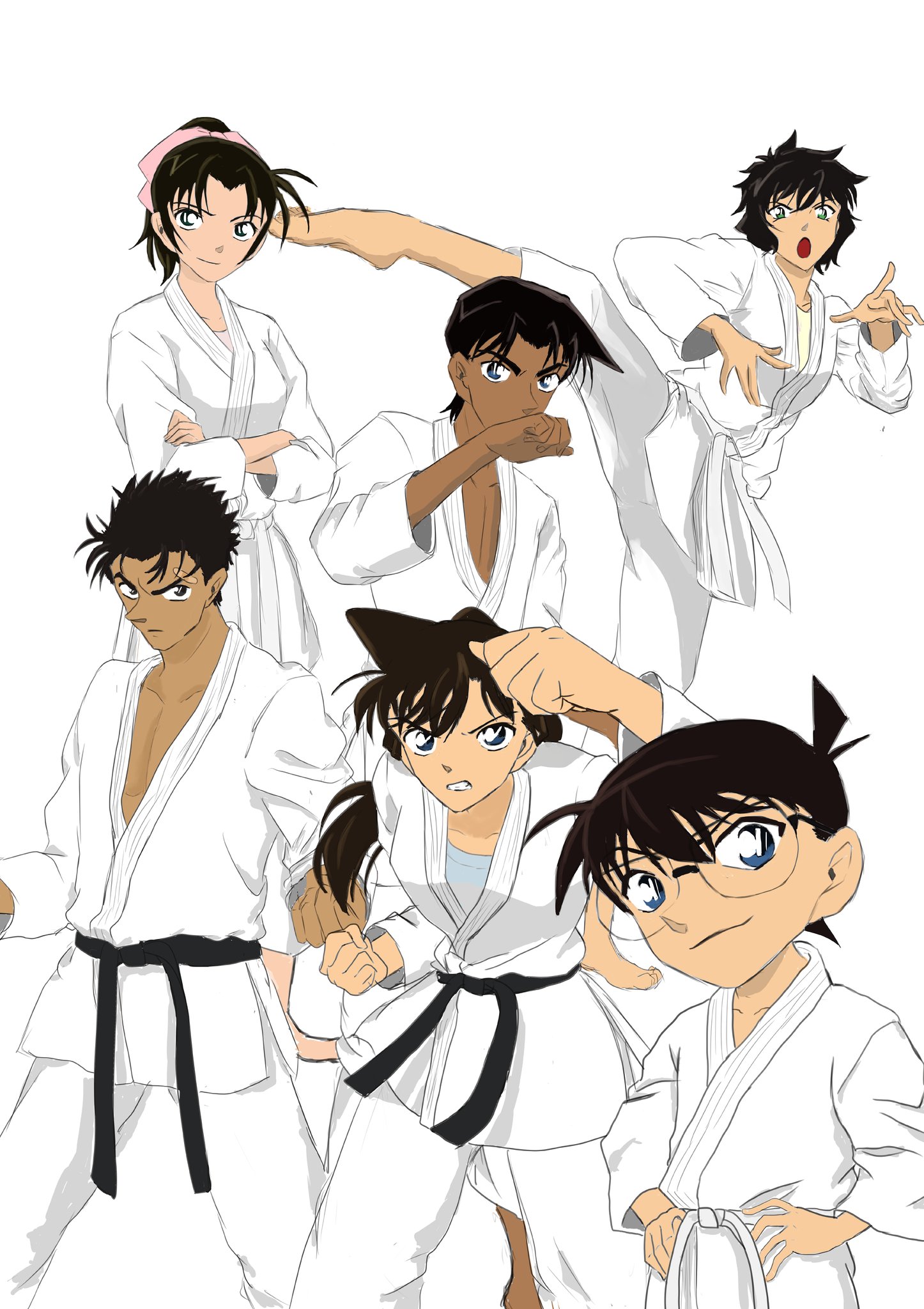 Kaiha Luce リアル用に描いたやつ めっちゃ時間かけた 蘭ちゃんと真さん以外 空手は白帯でいいよね え 実は 空手もやってる人とかいる 名探偵コナン コナン 毛利蘭 服部平次 遠山和葉 京極真 世良真純 空手 イラスト好きさんと繋がりたい