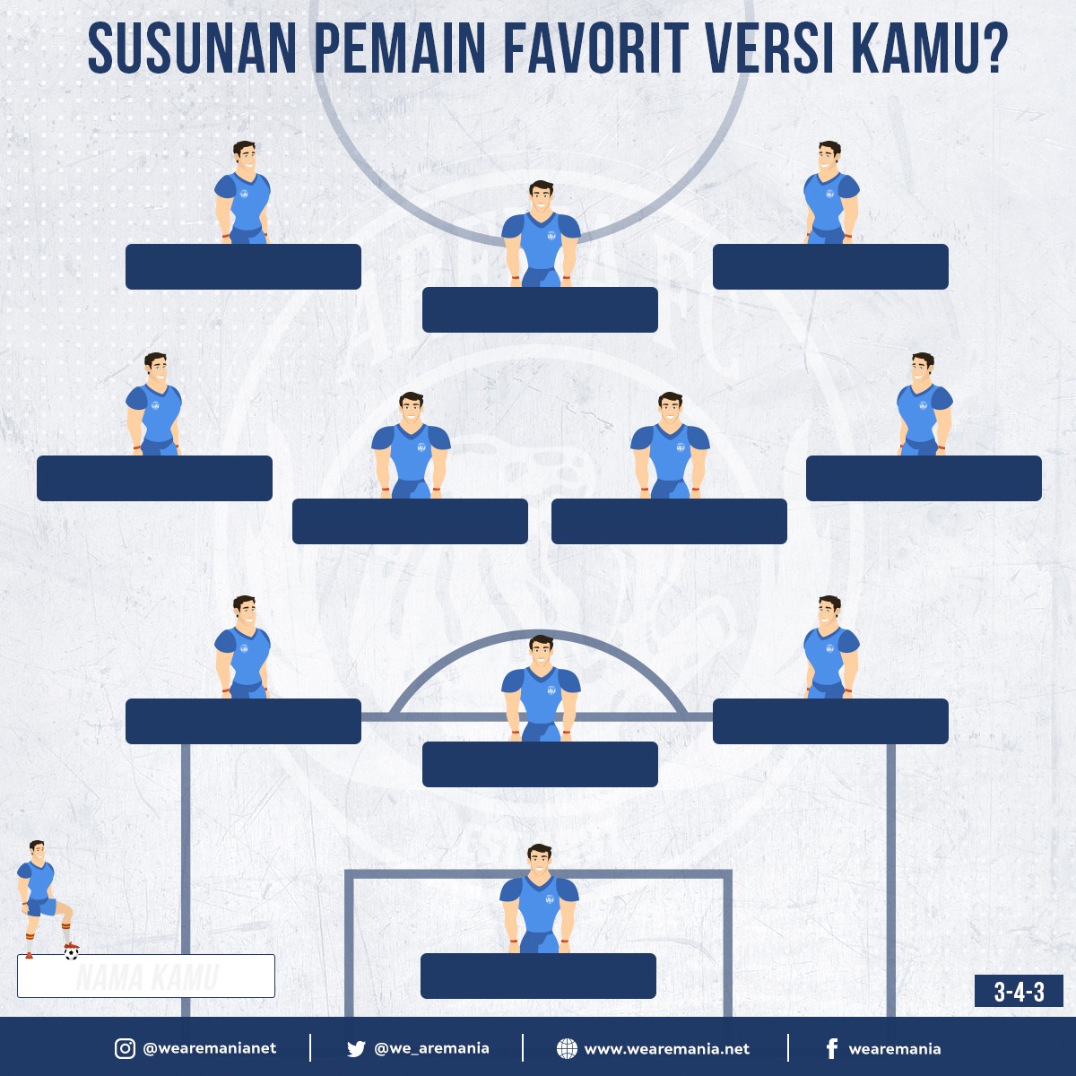 we_aremania's tweet photo. Umak punya susunan formasi dan AREMA  favorit? 

Kalau mimin sih 

4-3-3

Meiga

Beny
Njanka
Hamka
Aji Santoso

Bustomi
Esteban
Konate

Ridhuan
Noh Alam Shah
Greg Nwokolo

Kalau umak?

Monggo silahkan mengisi dengan template formasi yang sudah disediakan.... https://t.co/8daooIcjNI
