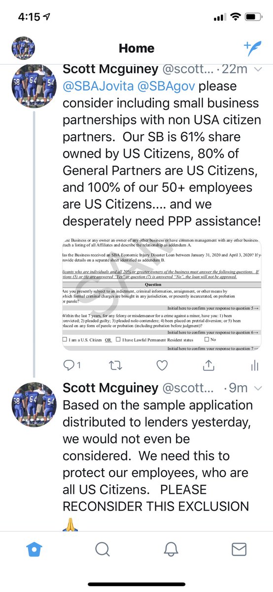 scottmcguiney's tweet photo. @realDonaldTrump lock up my vote right now, the votes of my 3 (of 4) US Citizen Partners and all 50+ employees (100% US Citizens)....make SBA change eligibility exclusion targeted for the Cares PPP Program launch Friday.  Help us protect our employees (voters) TY! 🙏 https://t.co/7vjeFclwZp