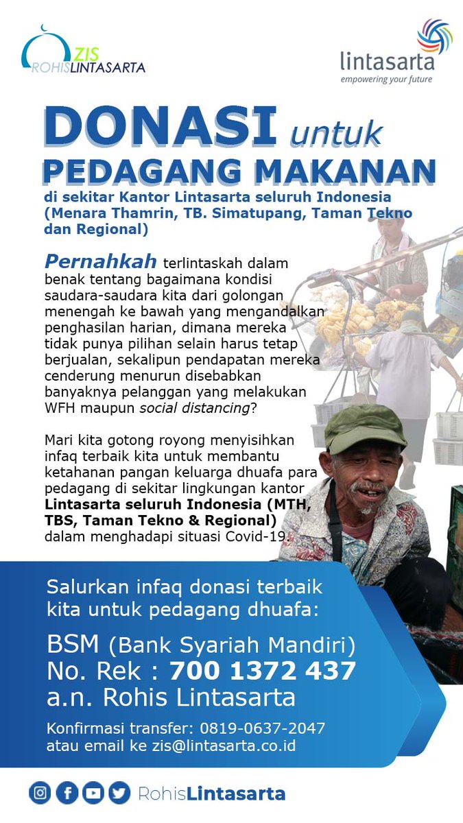 rohislintasarta's tweet photo. Mari kita gotong royong meringankan beban ekonomi para pedagang kecil di sekitar kantor Lintasarta dan membantu pengadaan APD untuk tenaga medis dalam menghadapi situasi pandemi Covid-19.

Salurkan infaq terbaik anda:
Rek. BSM: 700 1372 437
a.n. Rohis Lintasarta https://t.co/mSmKc5mp3c