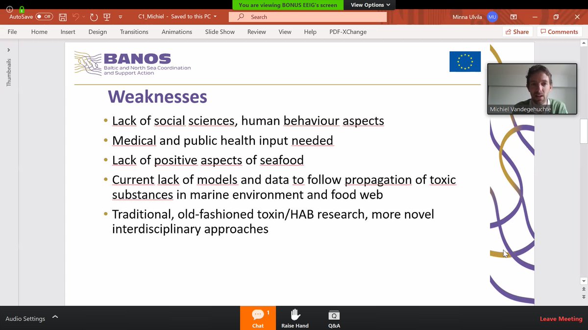 Michiel Vandegehuchte from VLIZ @jmeesvliz describes the human wellbeing of @BANOS_CSA at #BANOS20, with strengths (important and timely @OceansHealthEU ) and weaknesses ... lack of models @EMarineBoard