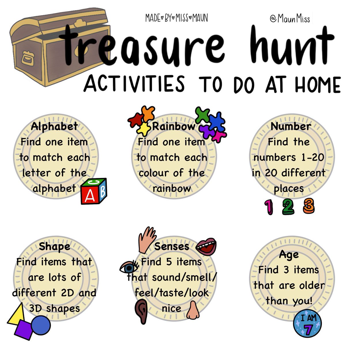 🌟 Home Learning Resource 🌟
👀🔍 Look no further for some fun! How many of these different items can you find on a treasure hunt around your home? Have fun hunting! 🔎👀 Please feel free to share #homelearning #indooractivities #StayHomeSaveLives