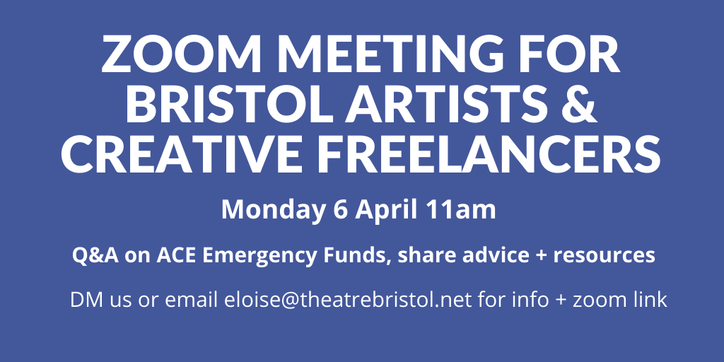 theatrebristol's tweet photo. Need help applying for ACE Emergency Funds? Want to share questions, advice and ideas with us and Bristol artists? We're holding a Zoom meeting next week and will be booking 1:1 advice sessions with the TB team and others including @ActionHeroLive + @LizGClarke https://t.co/gNJdAh9Tii