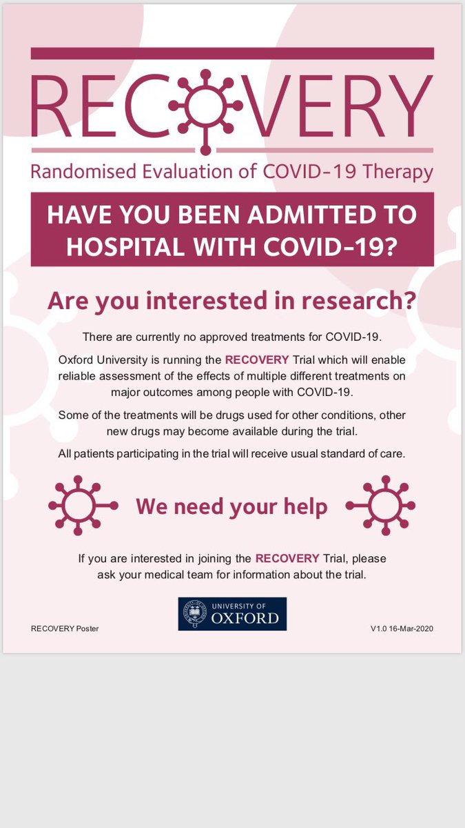 emerge_research's tweet photo. If you are a patient who is currently hospitalised with COVID-19 the RECOVERY Trial is recruiting at multiple NHS sites across the UK. This trial is looking at a variety of possible treatments and outcomes #COVIDー19 #research https://t.co/W8dBSjZDJD