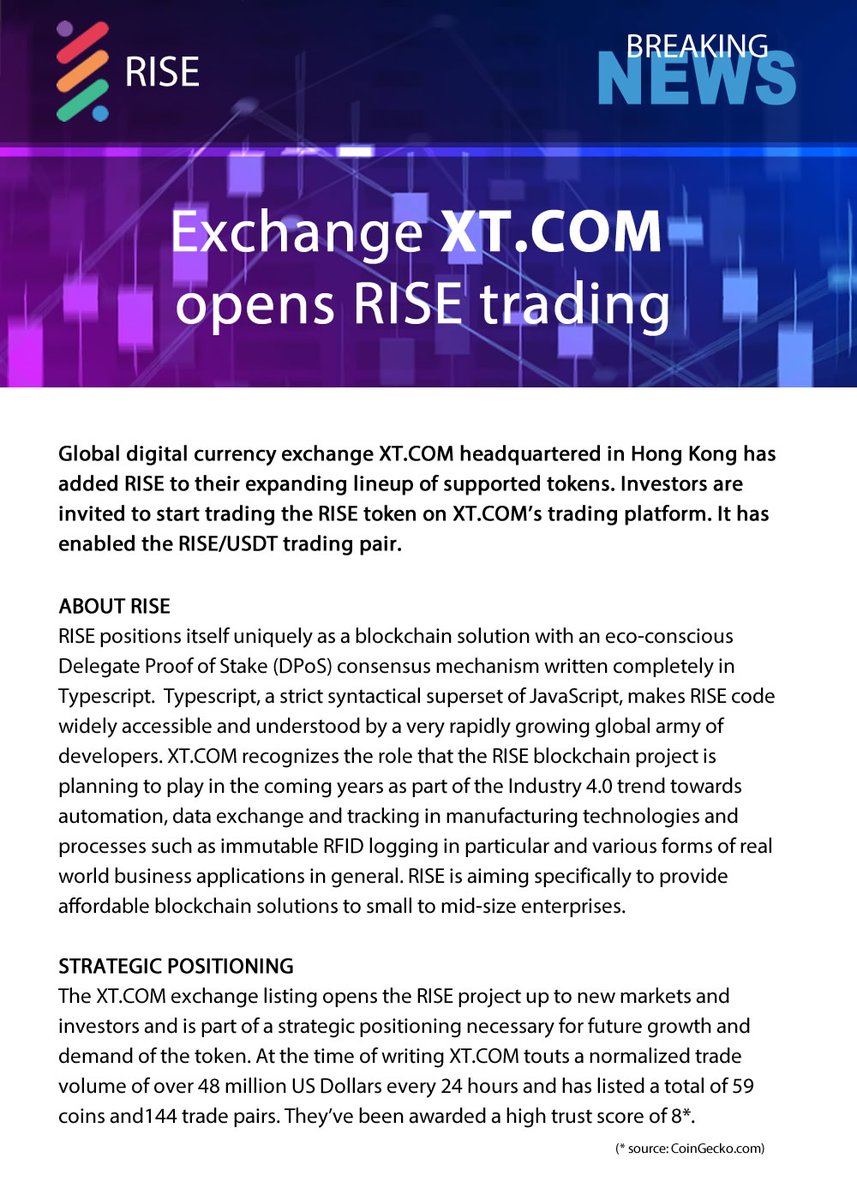 RISE Vision (@risevisionteam) on Twitter photo Hong Kong based global digital currency exchange XT.COM activates RISE/USDT trade pair on their platform! Trade #RISE today and jump on the Industry 4.0 train.  xt.com/trade/rise_usdt Hong Kong based global digital currency exchange XT.COM activates RISE/USDT trade pair on their platform! Trade #RISE today and jump on the Industry 4.0 train.  xt.com/trade/rise_usdt