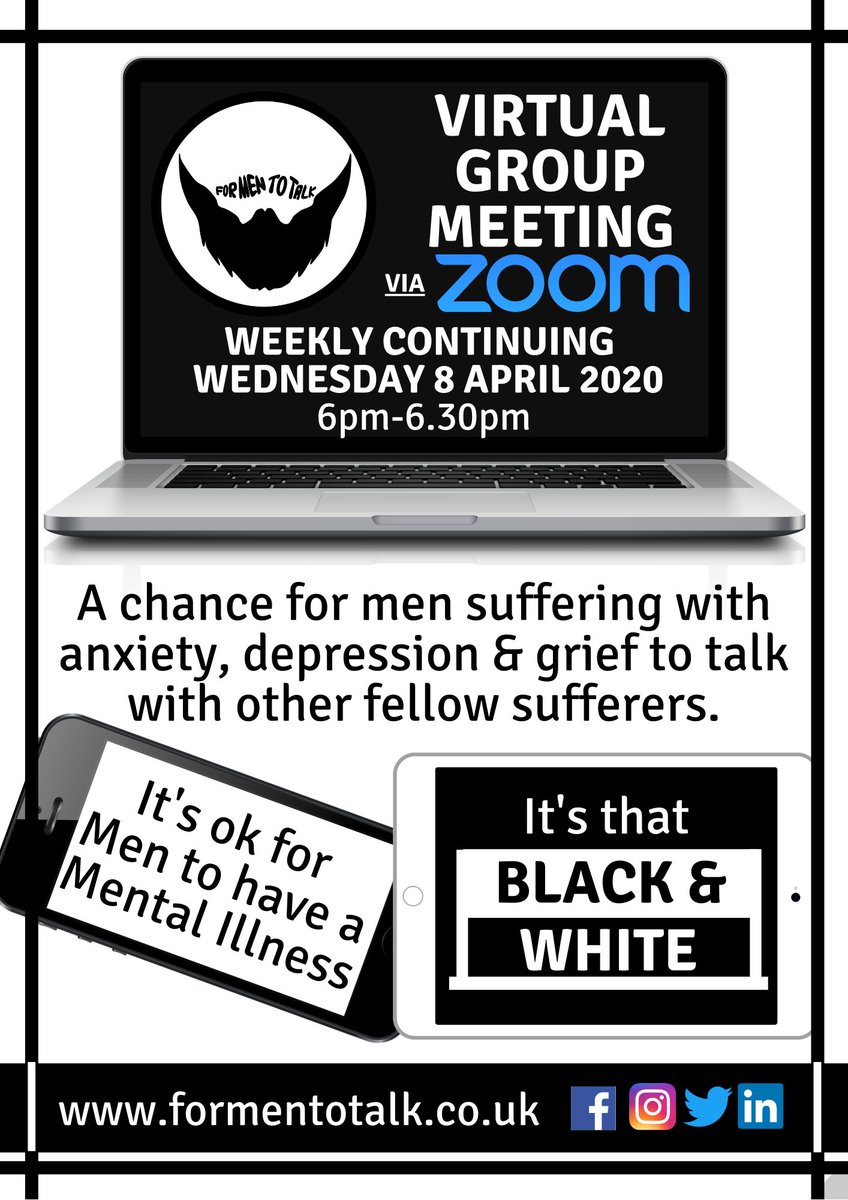 We have moved online! Our weekly 'Virtual Group Meeting' via Zoom continues on 8 April at 6pm. @formentotalk is a chance for men suffering with #anxiety #depression &amp; #grief to talk with other fellow sufferers and improve their well-being. bit.ly/FT2TVGM #CambridgeBuzz