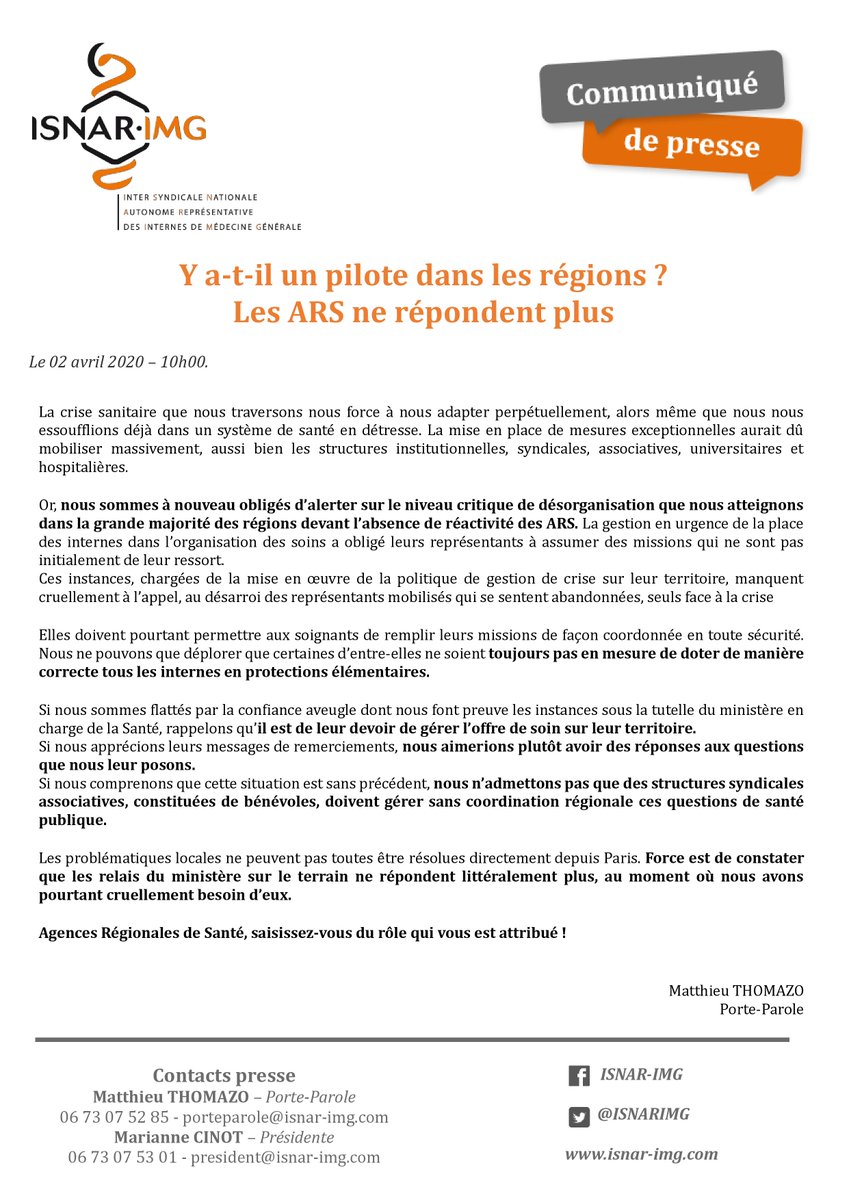 ISNARIMG's tweet photo. [COVID-19☣️] Où sont les ARS ? 

📣Le niveau de désorganisation en région est critique. Une nouvelle fois, nous sommes obligés d’alerter face à l’absence de réaction des ARS. https://t.co/UER9kPgmWJ