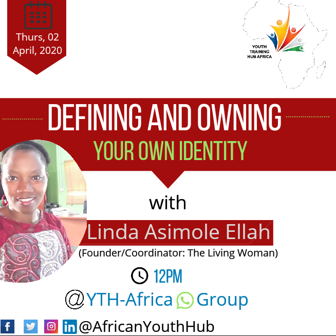 AfricanYouthHub's tweet photo. Our resource person today is a seasoned personal coach that is ready to dish out her wealth of experience. You can't Afford to Miss. Stay tuned @ 12pm. Invite someone. #DefiningIdentity #OwningYourIdentity https://t.co/mUfUqGL3By