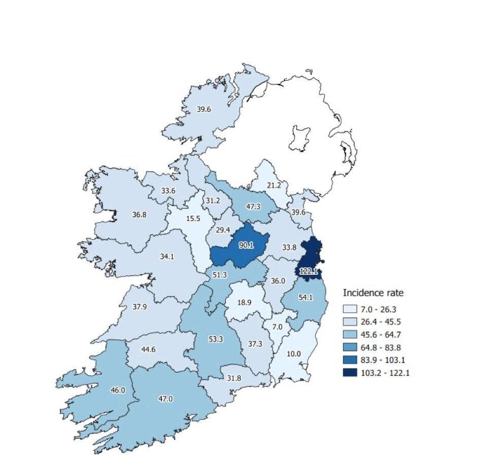 Incidence rates per 100,000 people. Dublin still the highest but Westmeath with a significantly higher incidence rate than neighbouring counties.