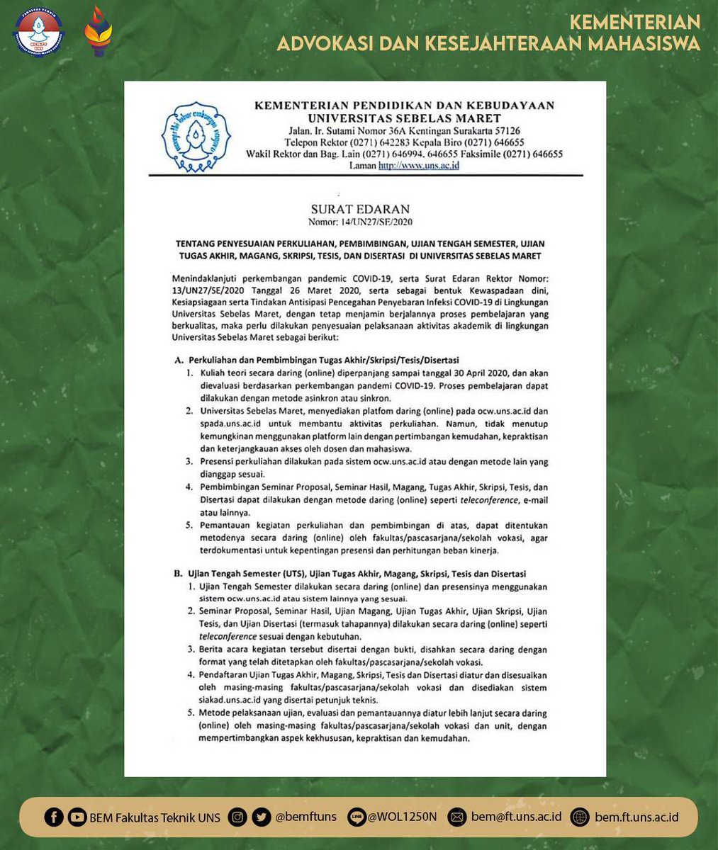 Bem Ft Uns On Twitter Universitas Sebelas Maret Uns Telah Mengeluarkan Surat Edaran Mengenai Pelaksanaan Aktivitas Akademik Di Lingkungan Universitas Sebelas Maret Baik Dari Penyesuaian Perkuliahan Uts Ujian Tugas Akhir Hingga Disertasi