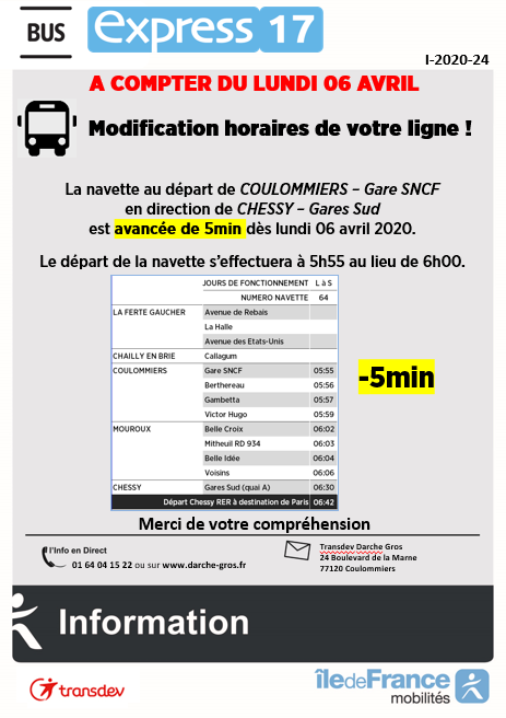 Brie2Morin_IDFM's tweet photo. #Infotrafic #Express17 Dès le lundi 06 avril 2020, les horaires de la navette au départ de Coulommiers - Gare SNCF en dir. de Chessy sont avancés de 5min : départ 5h55 au lieu de 6h00. https://t.co/rcZIzt9gck