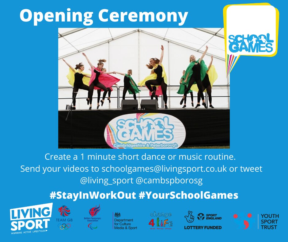 Here we go! It's 10am which means that our first ever Virtual School Games begins! But first we need an Opening Ceremony!! Your 1st challenge is to create a 1 min Dance routine or music routine! Tweet your entries to <a href="/cambspborosg/">Cambridgeshire & Peterborough School Games</a> or email them to schoolgames@livingsport.co.uk