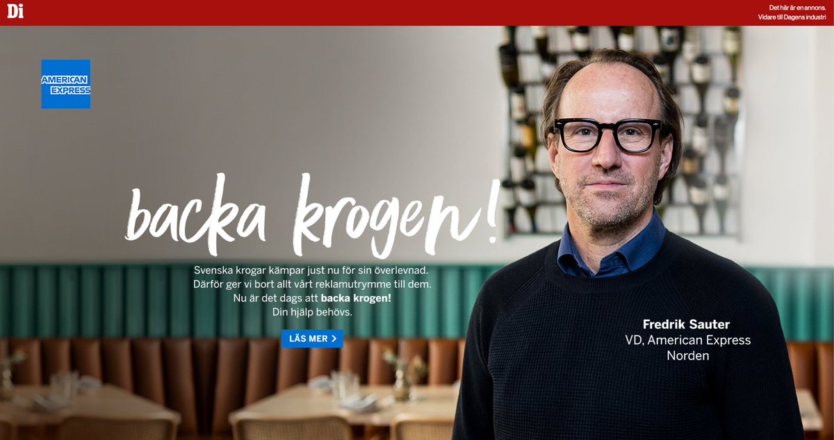 Vem hade trott att Amex Nordenchef var det ansikte man skulle se mest av under coronatider och inte Stefan Löfven, Anders Tegnell eller Agnes Wold?

Gillar uppenbarligen att synas och än så länge mer fokus på han än restaurangerna.

#backakrogen #COVID19sverige