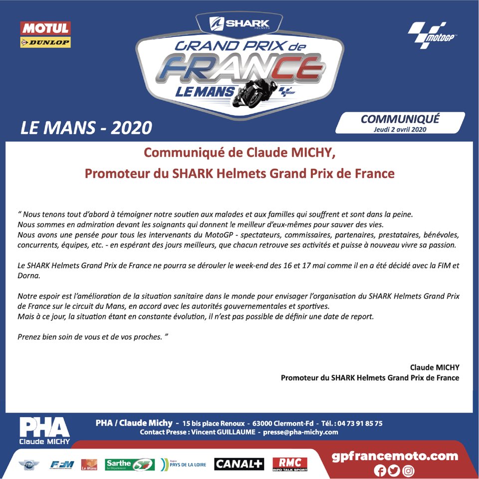 En raison de la pandémie de Coronavirus, le Grand Prix de France sera décalé à une date ultérieure. Mais à ce jour, la situation étant en constante évolution, il n’est pas possible de définir une date de report. #FrenchGP #MotoGP #Restezchezvous 🏍💨🇫🇷