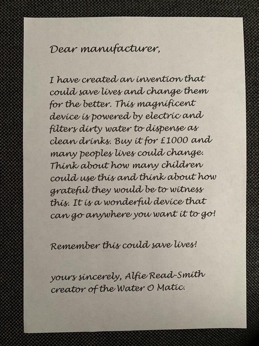 Purford_Green's tweet photo. Well done to Alfie for inventing a product that filters dirty water into drinks. What a great idea that could save lives! #year6 #InventionProject #homeschool https://t.co/jk4rtyMJPC