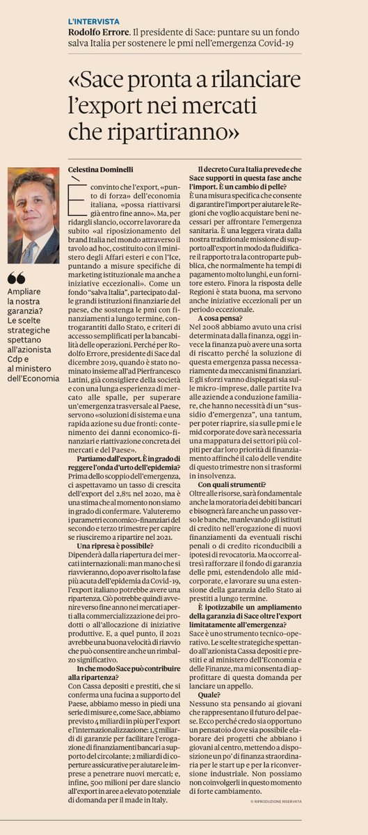 SACEgroup's tweet photo. #SACESIMEST è pronta a rilanciare l’#export e le #imprese italiane, insieme a tutto il @GruppoCDP
 👉Leggi l'intervista al Presidente Rodolfo Errore di 
@celenostalgia per il @sole24ore
 #cdpconlitalia #sacesimestnonsiferma #Coronavirus https://t.co/gqCkWkHgJ9