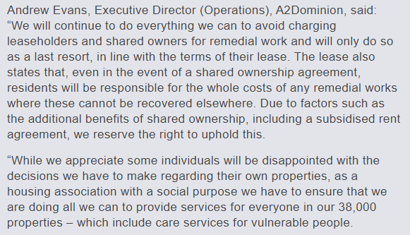 A2 justifying it on the basis of the "benefits of shared ownership". I wonder if 'we reserve the right to bankrupt you to pay for the removal of cladding' will make the sector's next big marketing push for the product...