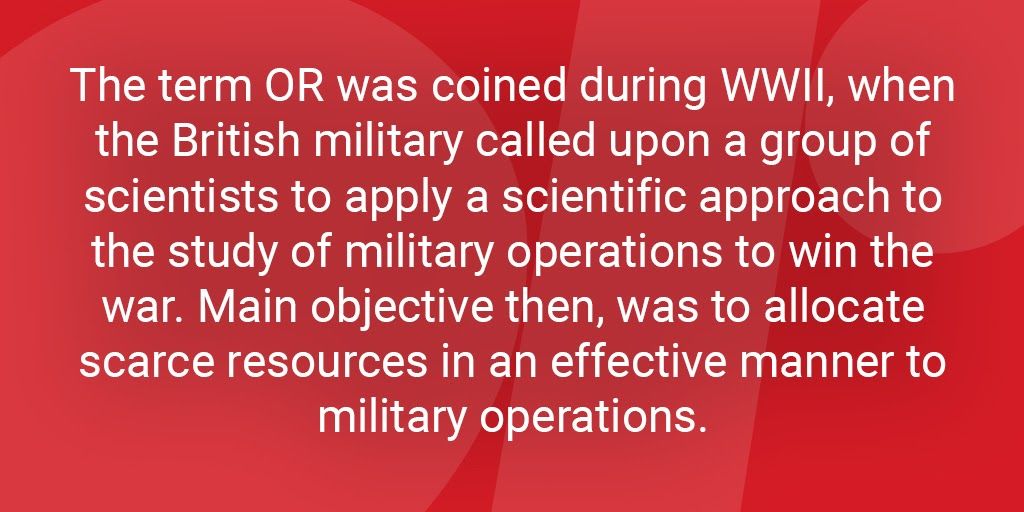 TheORSociety's tweet photo. As a formal discipline, #OR originated from the efforts of army advisers at the time of World War II. Following the war, the method started to be employed extensively to problems in #business, #industry and #society. #ThisisOR #ORMS #ORFacts https://t.co/IriMWM6Kgp