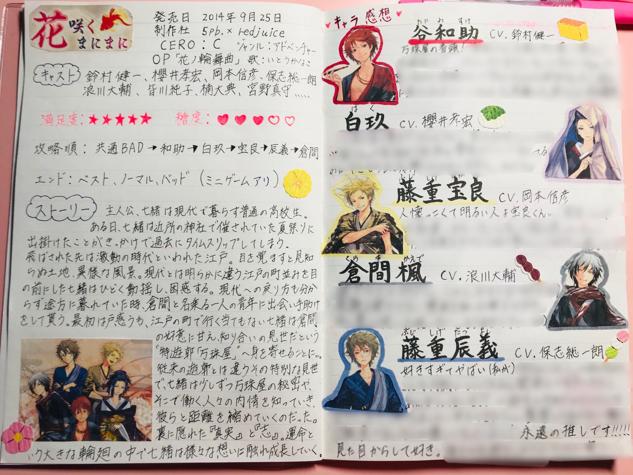 なち。@オバレク🗺 on X: 今日は充実した半日を過ごしましたw 乙女ゲームノート作りましたー！  字が汚いwネタバレはぼかし加工で消してあります( •̀ω•́ )و やっぱり最初は花咲くまにまに🥰  もうプレイしてから何年も経ってるけど書いてみたらめっちゃ楽しかった ...