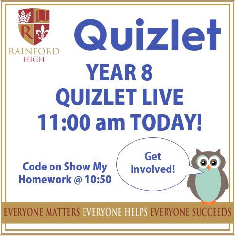 Year 8 Quizlet Live codes will be on Show My Homework at 10:50 am 😎