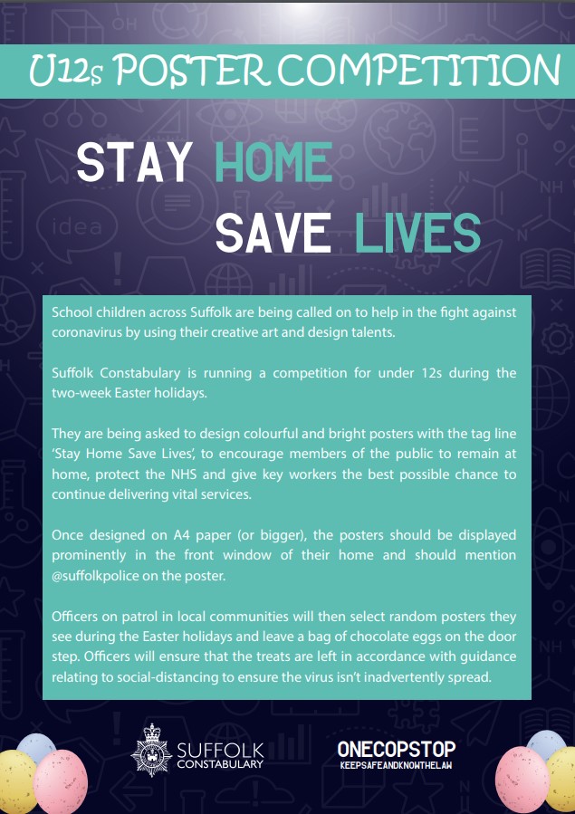 Here is an idea from the Suffolk Constabulary to help keep children engaged during the Easter Holidays.
Follow the instructions given on the poster, please send us a picture with yourself with your chocolate 🍫 if you get a knock!!!