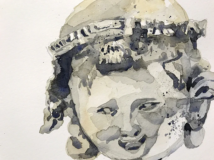 骨董。メソポタミアの石像。ダブルトーンで。#Watercolor #スケッチ #水彩画 #京都水彩画塾 #水彩画教室 #藤田わへい #わへい 