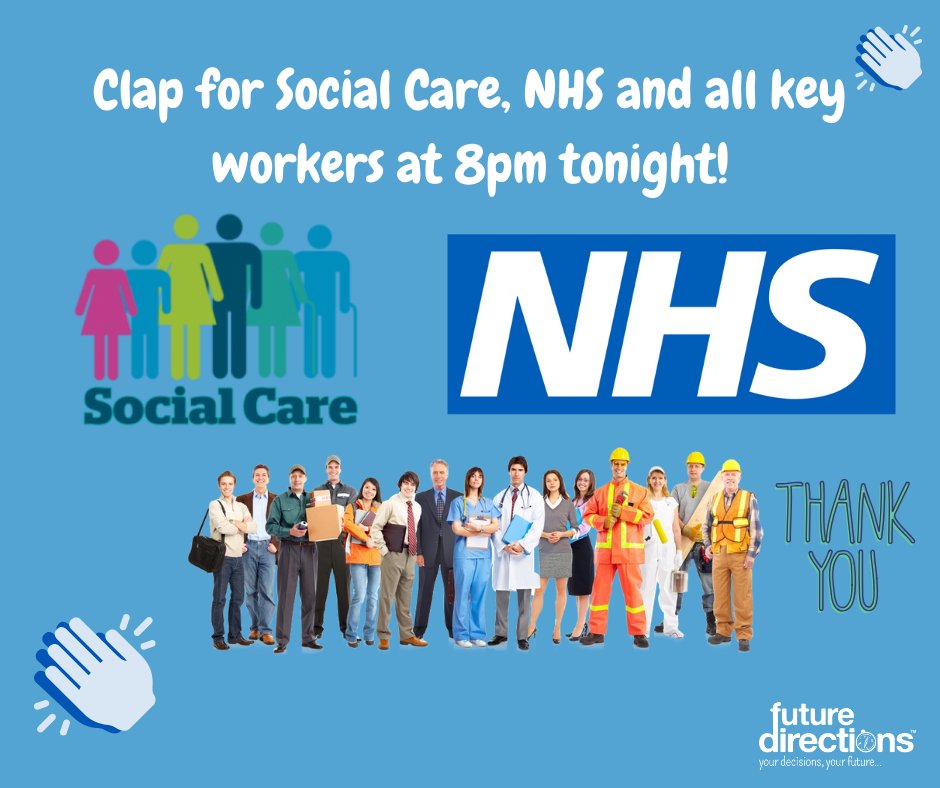FDirectionsCIC's tweet photo. Tonight at 8pm the whole of the UK will be clapping again for our NHS, but we want everyone to remember it's not just for NHS staff but for SOCIAL CARE and ALL KEY WORKERS who are keeping our country going. Are you joining in? #StrongerTogether #StrongerTogether2020 #Covid19 https://t.co/dyMgMK3q7W