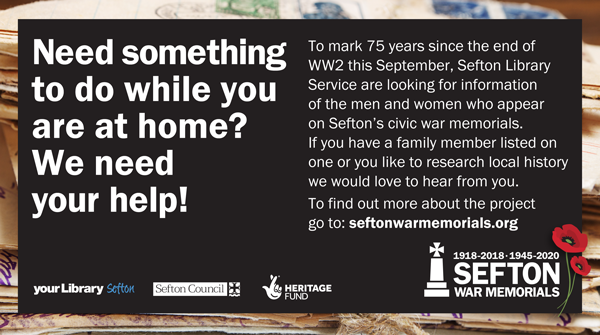 SeftonLibraries's tweet photo. We need your help with our Beyond the War Memorials Two project, which will focus on the fallen on World War Two. This could be an interesting way to get your little ones interested in their family history.

More info: https://t.co/7if5QRxJAR
#BTWM #Sefton75 #WW2 #Sefton2020 https://t.co/GdZwAy3p2B